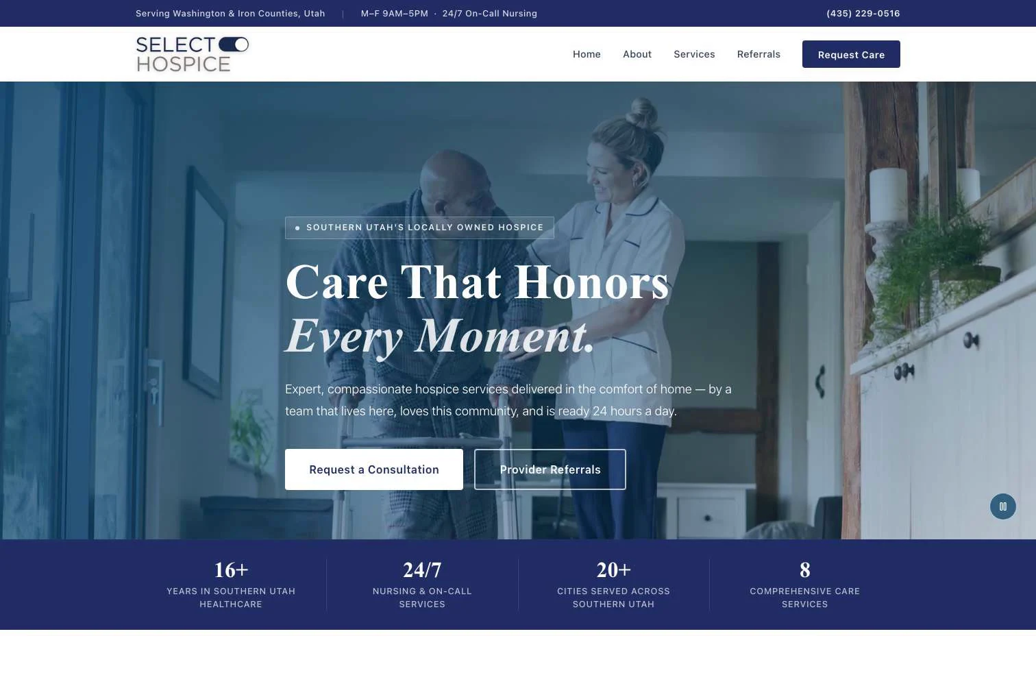 Select Hospice homepage introducing locally owned hospice care in Southern Utah with consultation and provider-referral actions