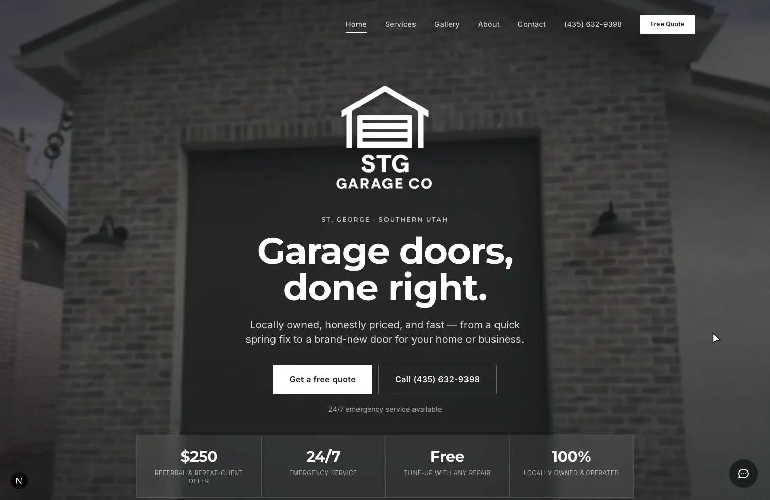 STG Garage Co. homepage showing the Garage doors, done right message and free quote action