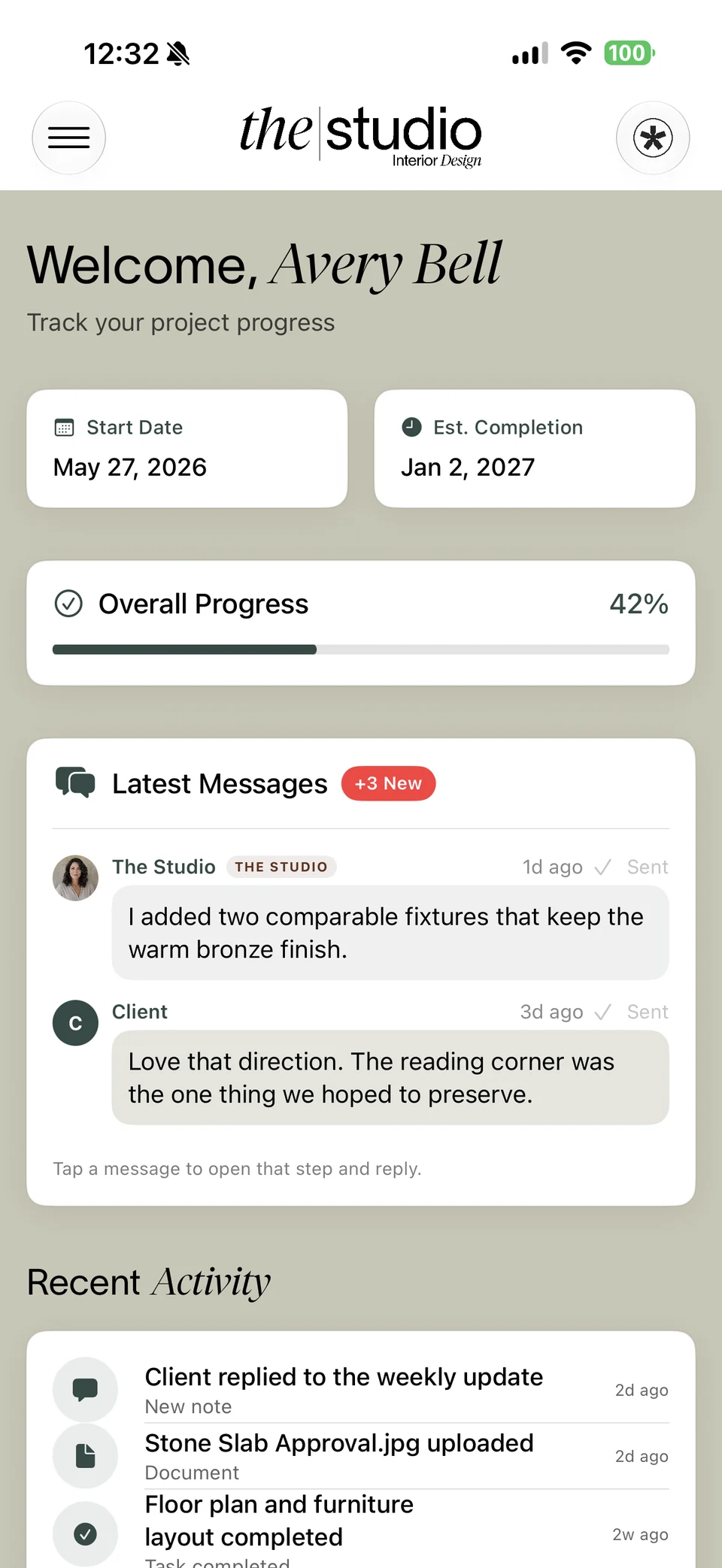 Client dashboard showing project dates, overall progress, messages, and recent activity