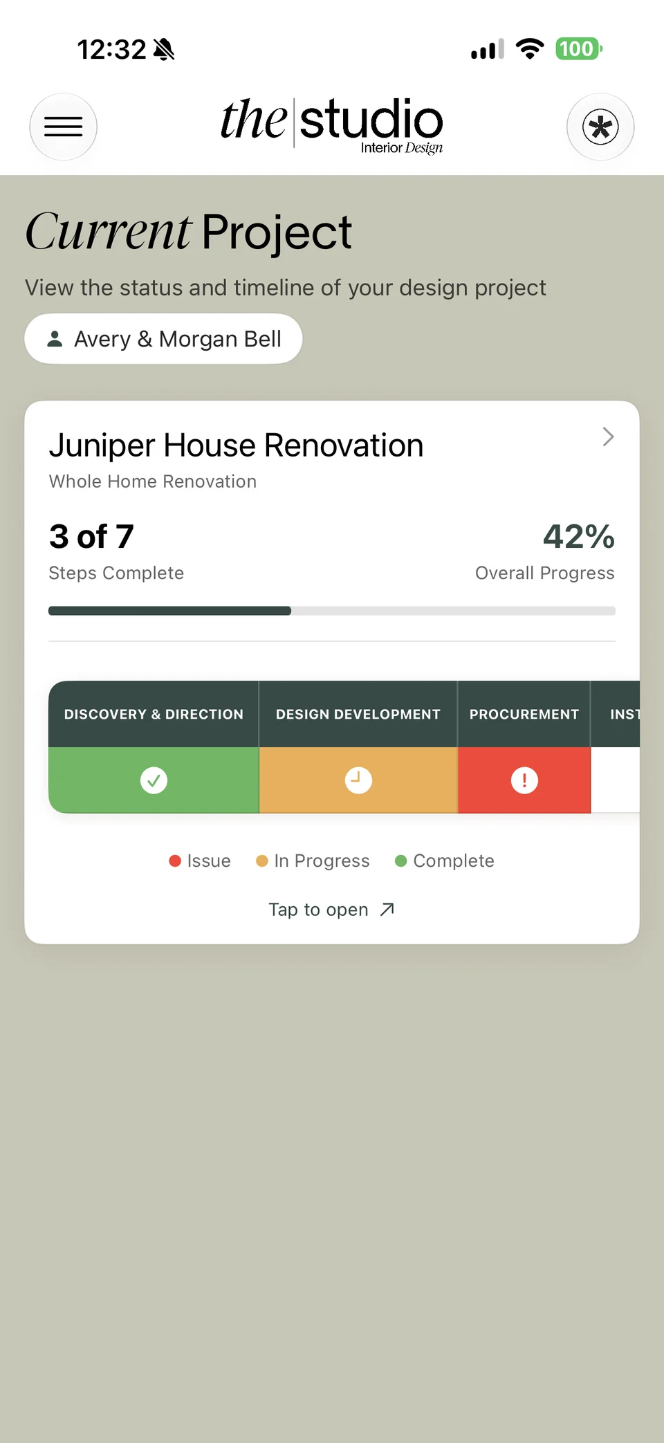 Client project view showing a simplified timeline and progress for the Juniper House Renovation