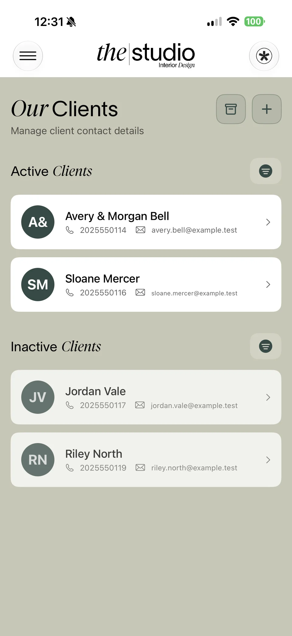 The Studio client management screen showing active and inactive clients