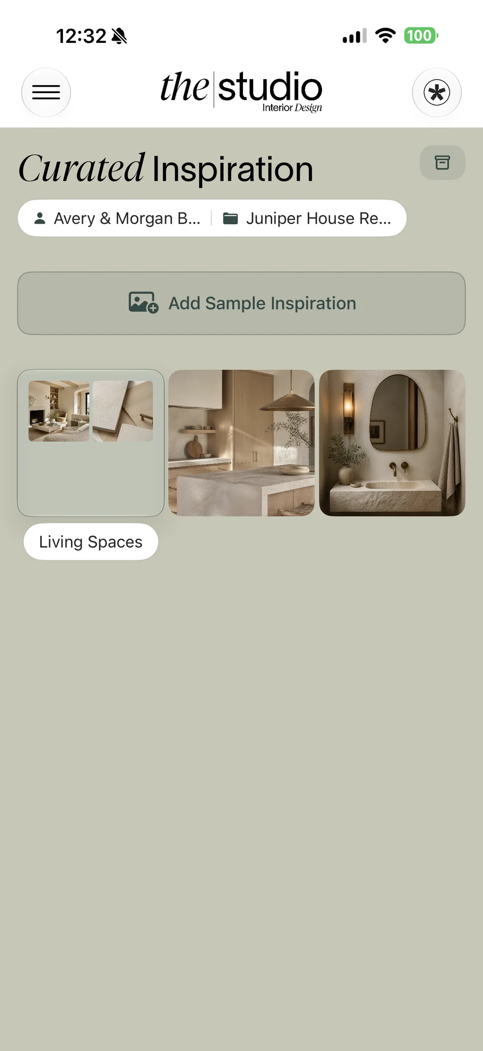Curated Inspiration workspace with reference imagery for the Juniper House Renovation