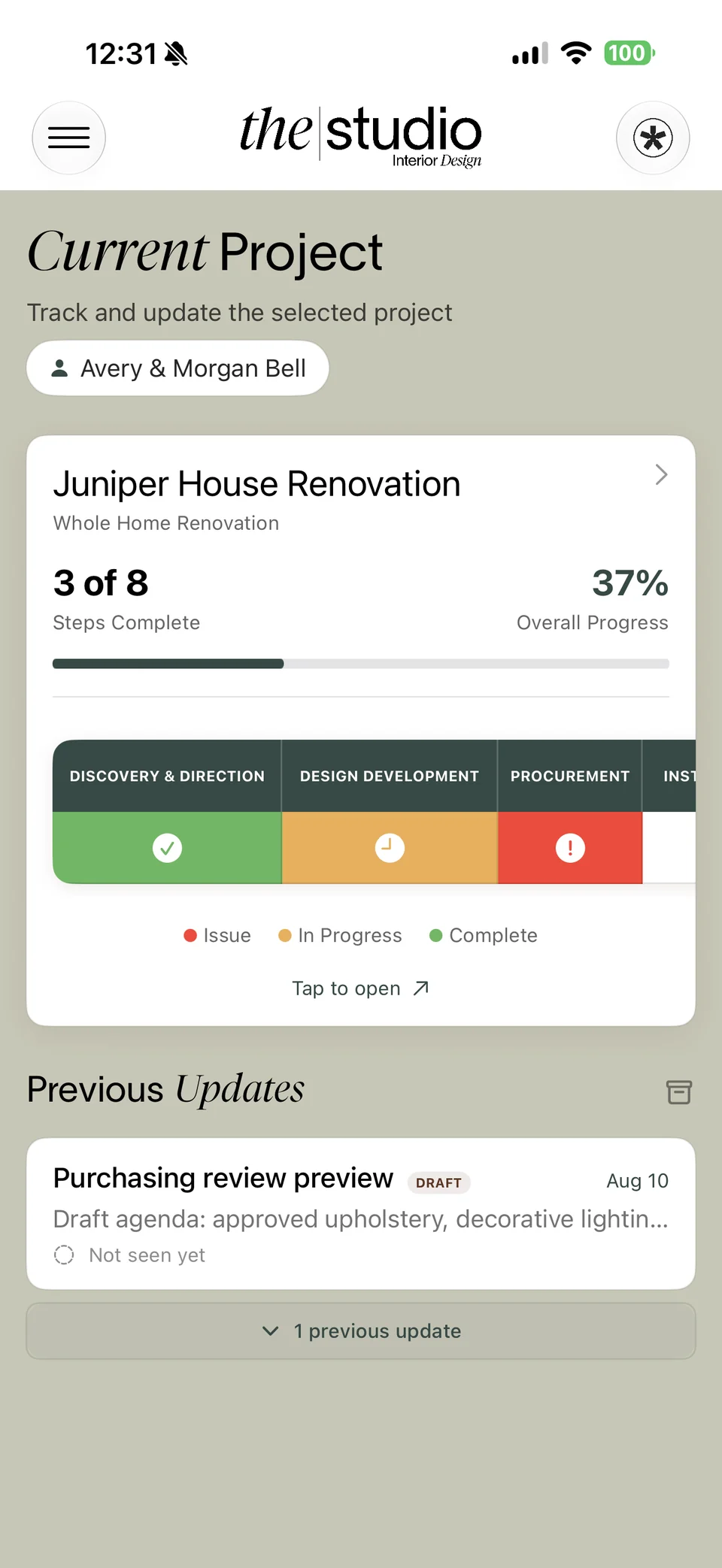 Designer project view for the Juniper House Renovation showing progress, phases, and previous updates