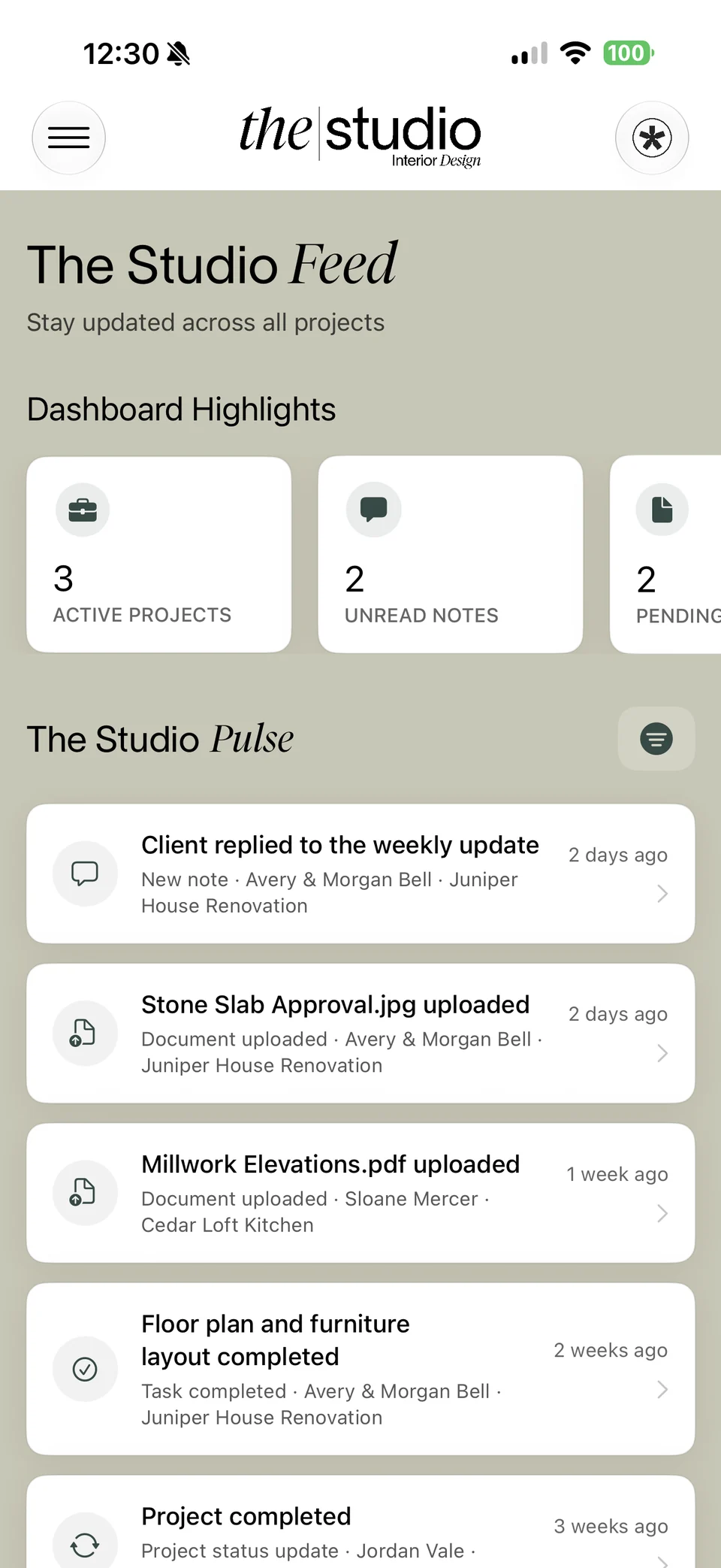 The Studio Feed showing dashboard highlights and activity across projects